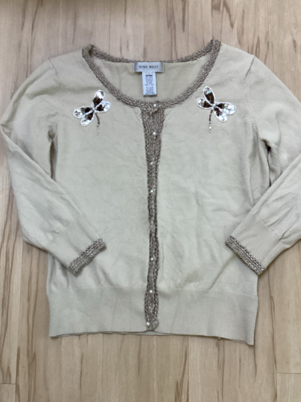 Nine West Cream Beige Sequin Dragonfly Pearl Button Crochet Lace Cardigan